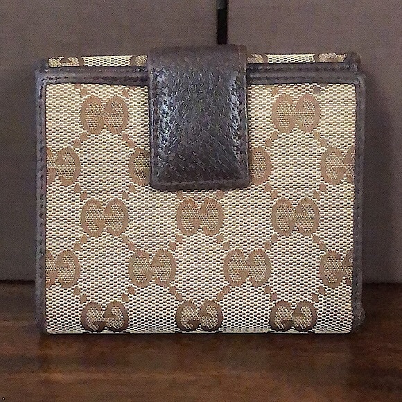 GUCCI GG Web Brown Leather and Tan Canvas Monogram Trifold Wallet Authentic - Picture 3 of 17
